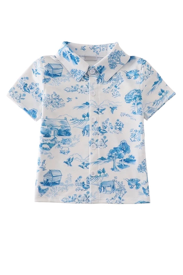 BLUE FARM PRINT BUTTON DOWN SHIRT
