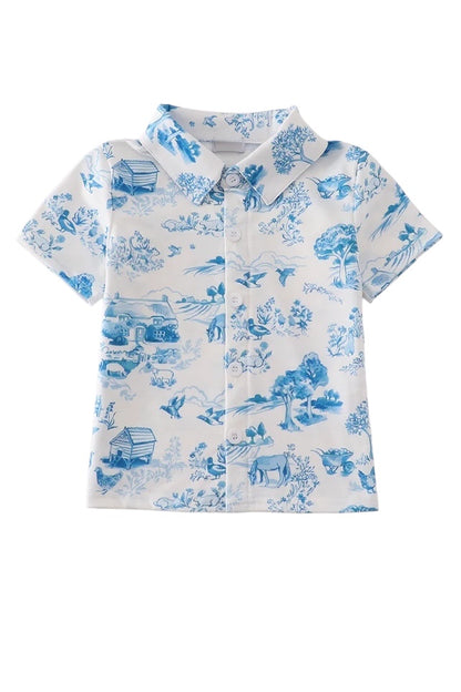 BLUE FARM PRINT BUTTON DOWN SHIRT