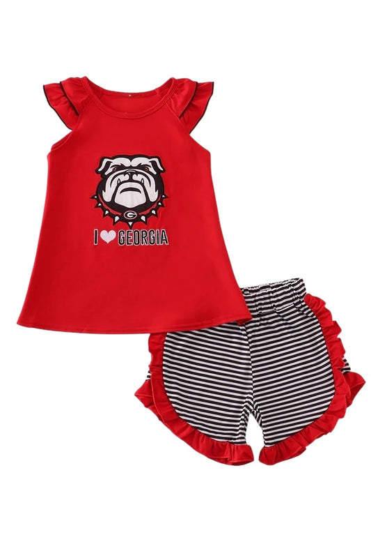 RED I LOVE GEORGIA APPLIQUE RUFFLE SHORTS SET