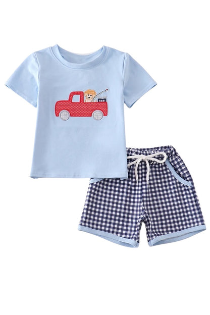 BLUE FISHING PUPPY APPLIQUE BOY SET