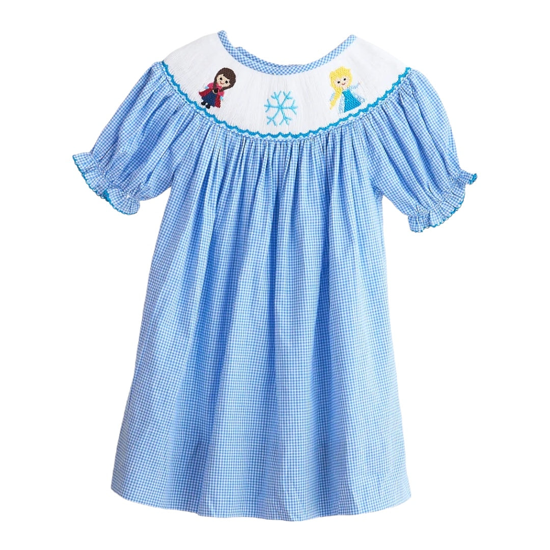 BLUE SNOW PRINCESS HAND SMOCKED GINGHAM DRESS