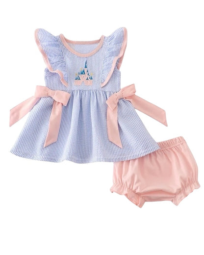 BLUE STRIPE SEERSUCKER CASTLE EMBROIDERY BLOOMER SET