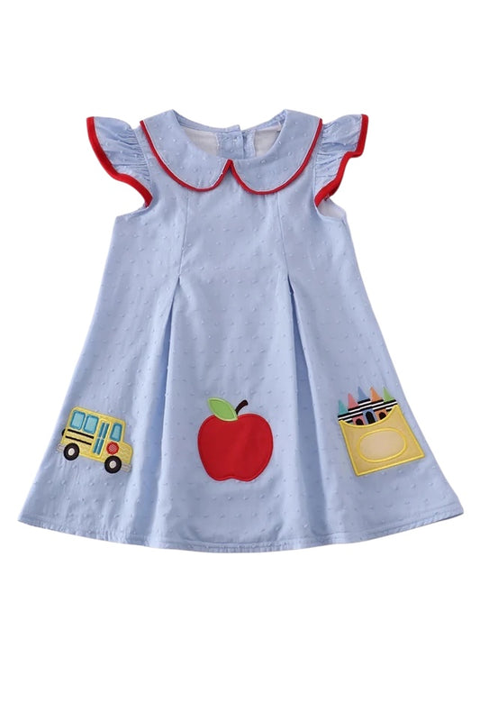 BLUE SWISS DOT BUS APPLE APPLIQUE DRESS
