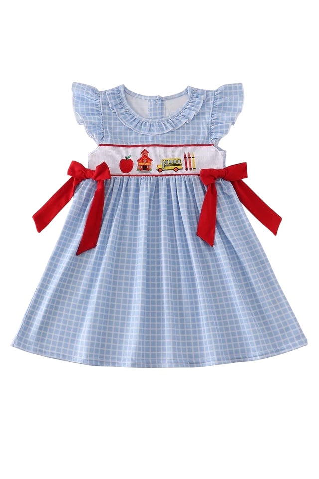 BLUE APPLE BUS EMBROIDERY SMOCKED PLAID DRESS