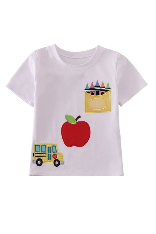 WHITE BUS APPLE APPLIQUE TOP