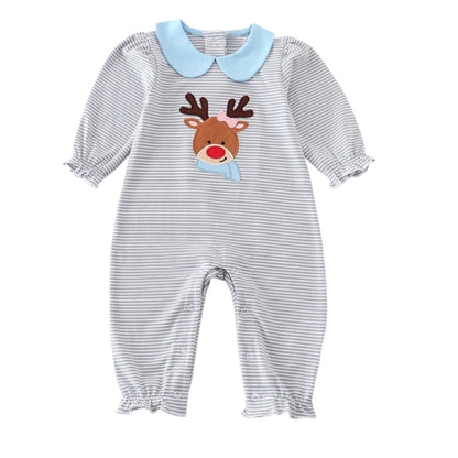 Premium  stripe reindeer applique girl romper
