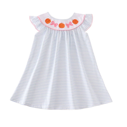 Blue stripe pumpkin french knot girl dress