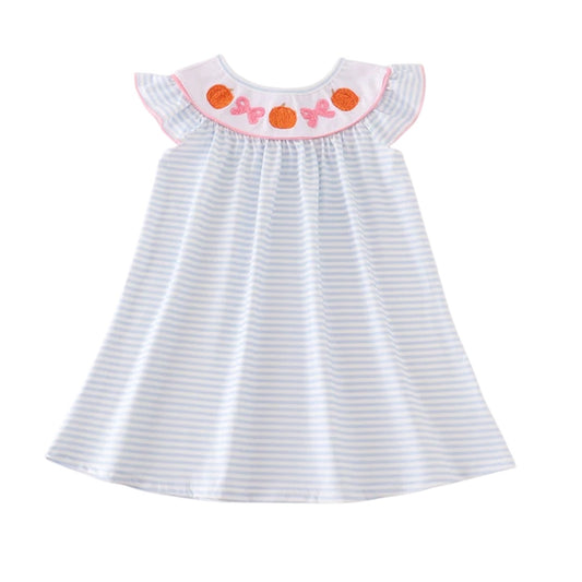 Blue stripe pumpkin french knot girl dress