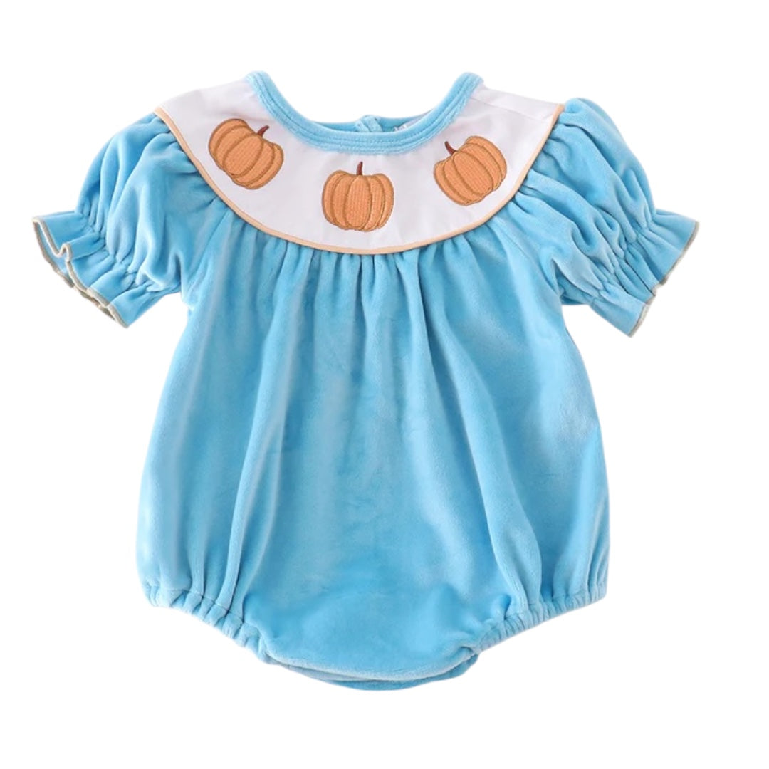 BLUE VELVET PUMPKIN EMBROIDERY GIRL BUBBLE