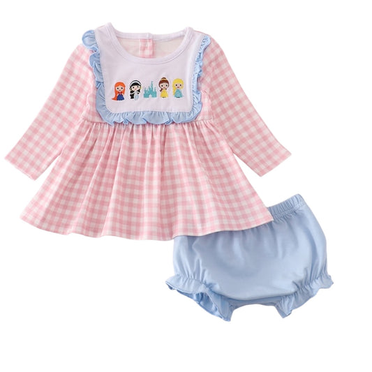 PINK PRINCESS CASTLE EMBROIDERY GINGHAM BLOOMER SET