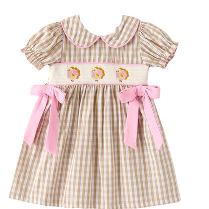 Fall Thanksgiving Lapel Plaid Turkey  Embroidery Smocking Bow Baby Girls Dress