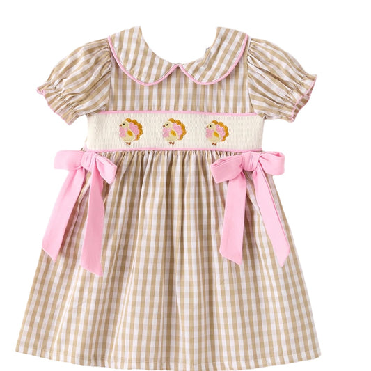 Fall Thanksgiving Lapel Plaid Turkey  Embroidery Smocking Bow Baby Girls Dress