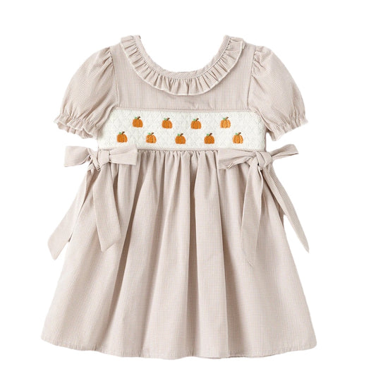 Fall Halloween & Thanksgiving Pumpkin Embroidery Smock Plaid Girls Dress