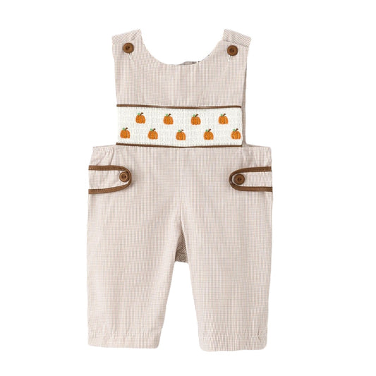 Fall Halloween & Thanksgiving Pumpkin Smock Embroidered Boys Romper