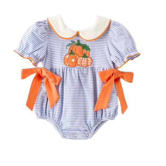 Fall Thanksgiving and Halloween Lapel Stripe Pumpkin Applique Bow Girls Romper