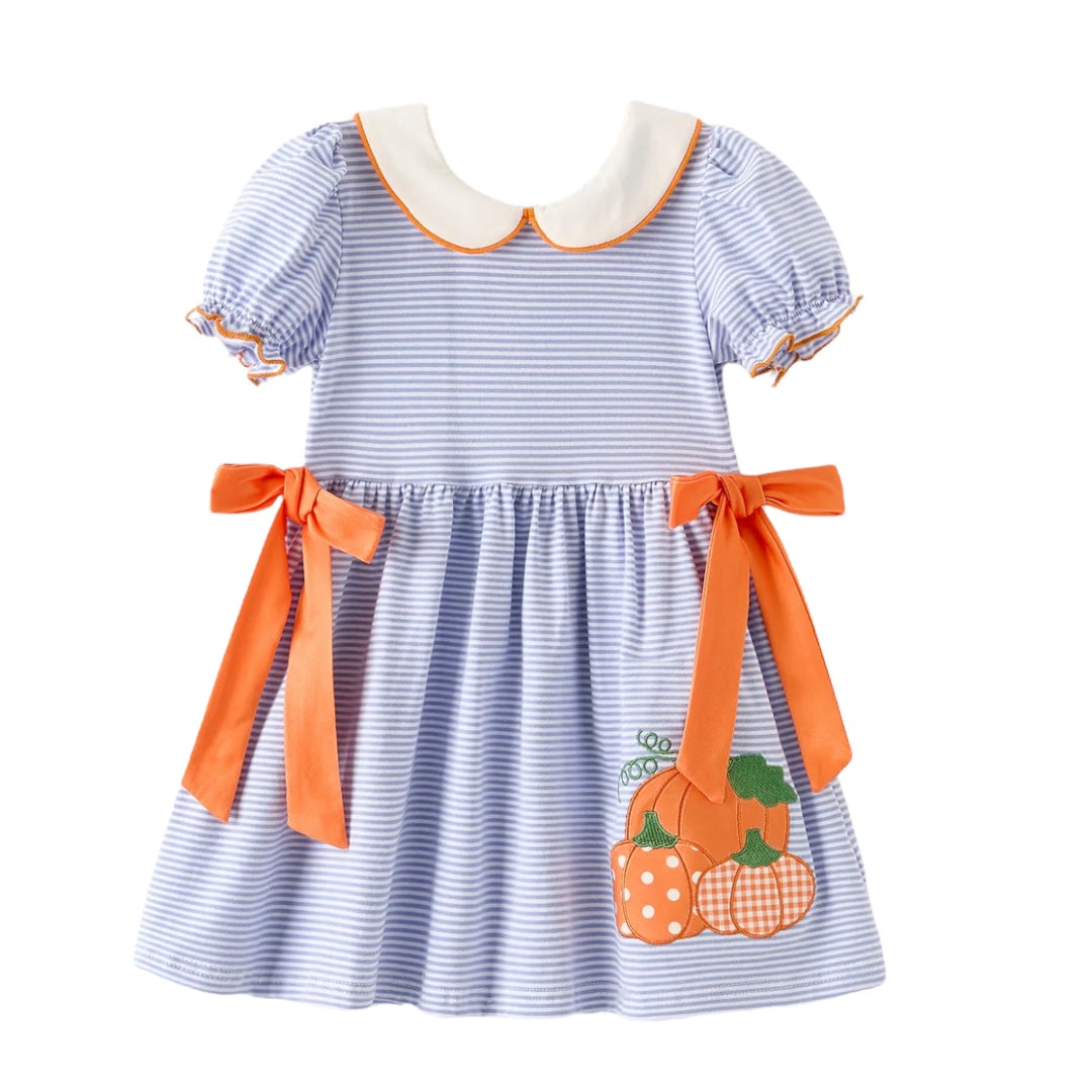 Fall Thanksgiving and Halloween Lapel Stripe Pumpkin Applique Bow Girls Dress