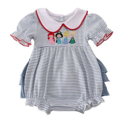 BLUE PRINCESS EMBROIDERY STRIPE RUFFLE BUBBLE