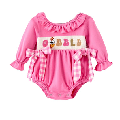 Fall Thanksgiving& Halloween "GOBBLE" Smock Embroidery Baby Girl Romper