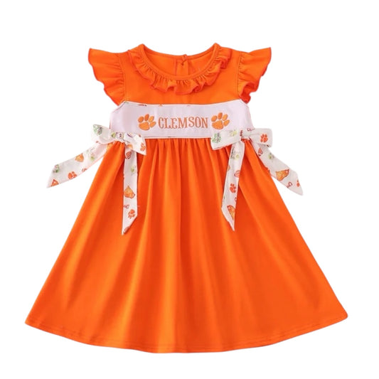 ORANGE CLEMSON EMBROIDERY GIRL DRESS