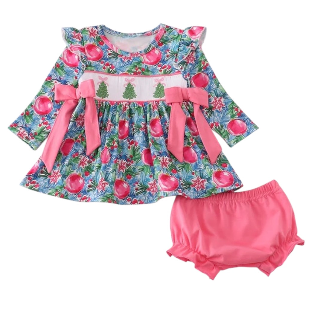 BLUE CHRISTMAS TREE SMOCKED RUFFLE BLOOMER SET