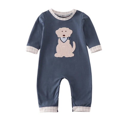 NAVY PUPPY APPLIQUE ROMPER