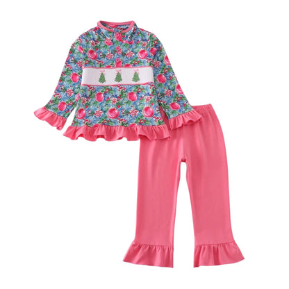 BLUE CHRISTMAS TREE SMOCKED RUFFLE PANTS SET