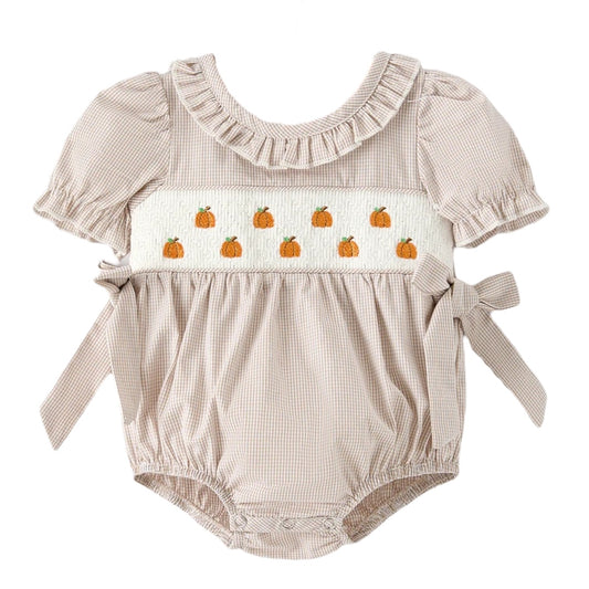 Halloween & Thanksgiving Pumpkin Embroidery Smock Plaid Baby Girl Romper