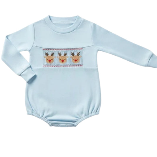 Blue deer smocked boy bubble