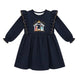 NAVY NATIVITY FRENCH KNOT RUFFLE DRESS