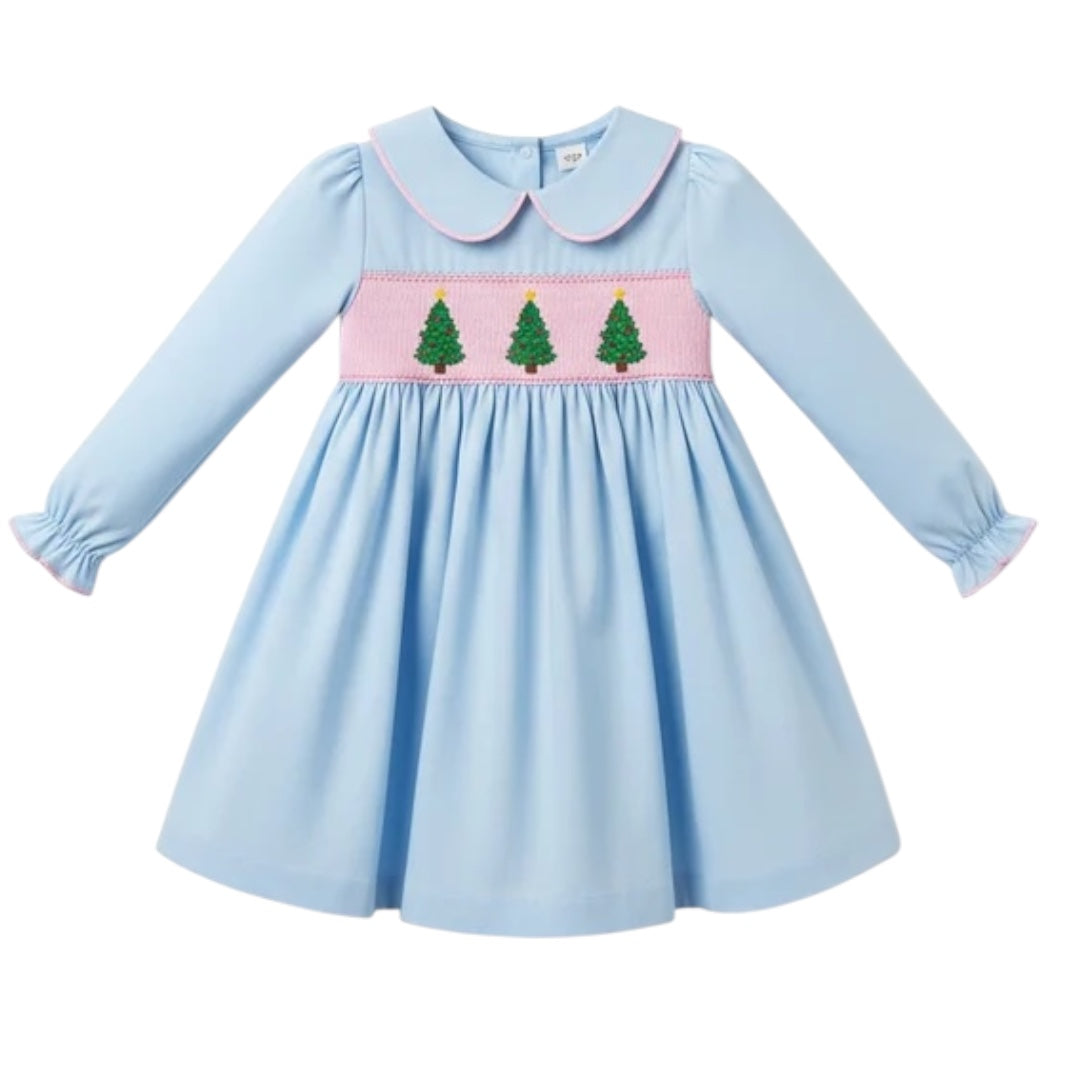 Blue Christmas Tree Smocked Dress 4 Blue Christmas Tree Smocked Dress 4