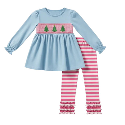 BLUE CHRISTMAS TREE SMOCKED STRIPE PANTS SET