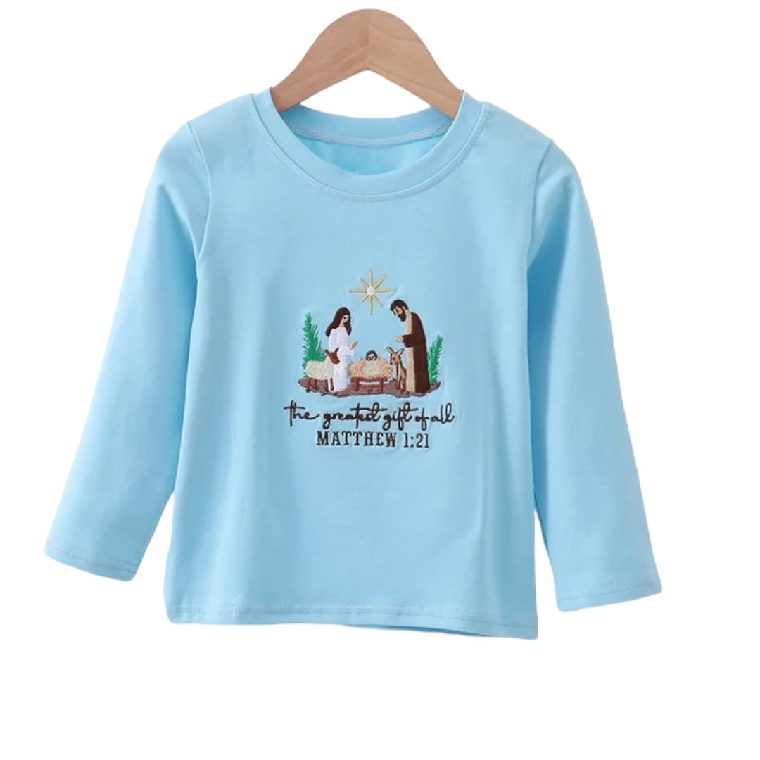 BLUE NATIVITY EMBROIDERY BOY TOP