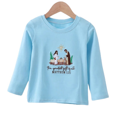 BLUE NATIVITY EMBROIDERY BOY TOP