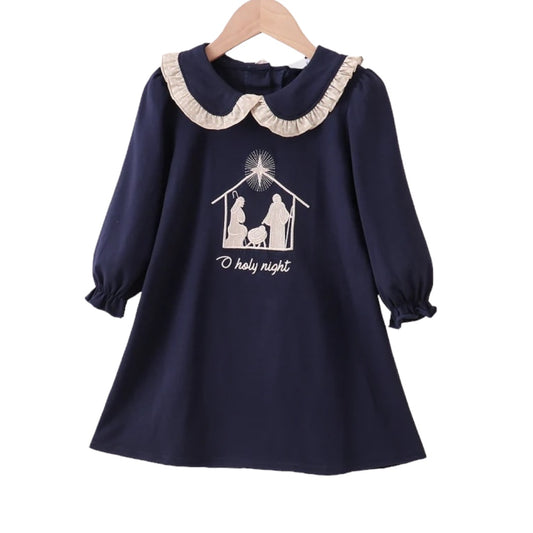 Navy nativity embroidery girl dress