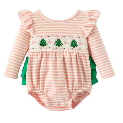 Embroidery Smocked Stipe Christmas Tree Bubble