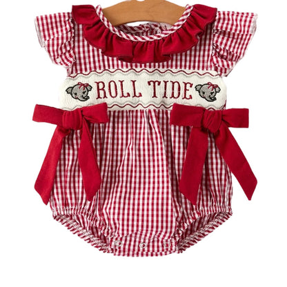 Roll Tide Machine Embroidery Gingham Baby Girl Romper with Red Bow