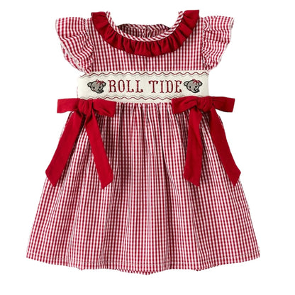 Roll Tide  Machine Embroidery Gingham Girl Dress with Red Bow
