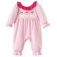 Christmas Santa Applique Pink Striped Baby Girls Romper with Red Ruffle Trim