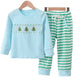 BLUE CHRISTMAS TREE SMOCKED STRIPE PANTS SET