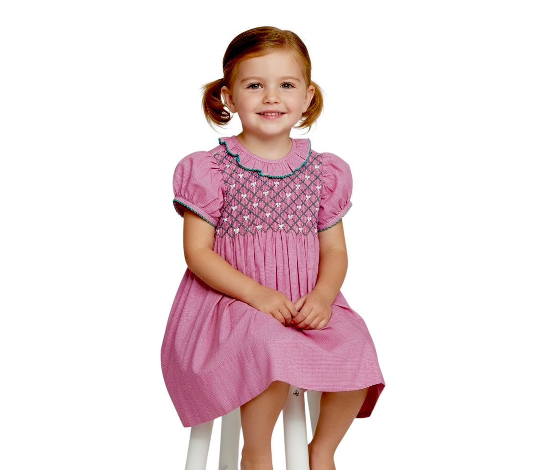 Red. Smocked Heirloom Dress with Collar