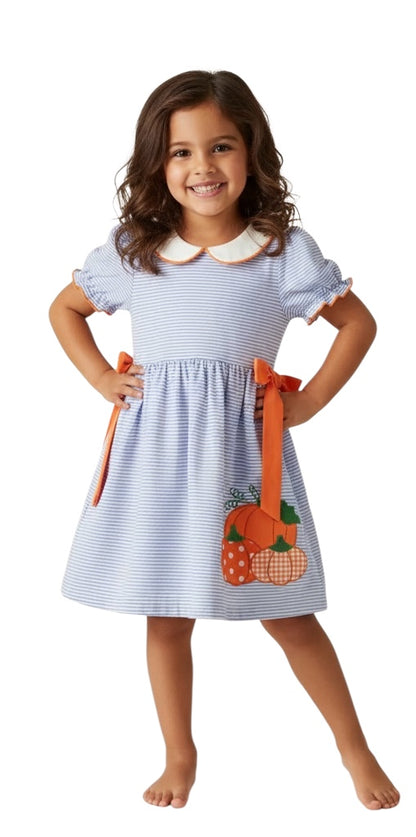 Fall Thanksgiving and Halloween Lapel Stripe Pumpkin Applique Bow Girls Dress