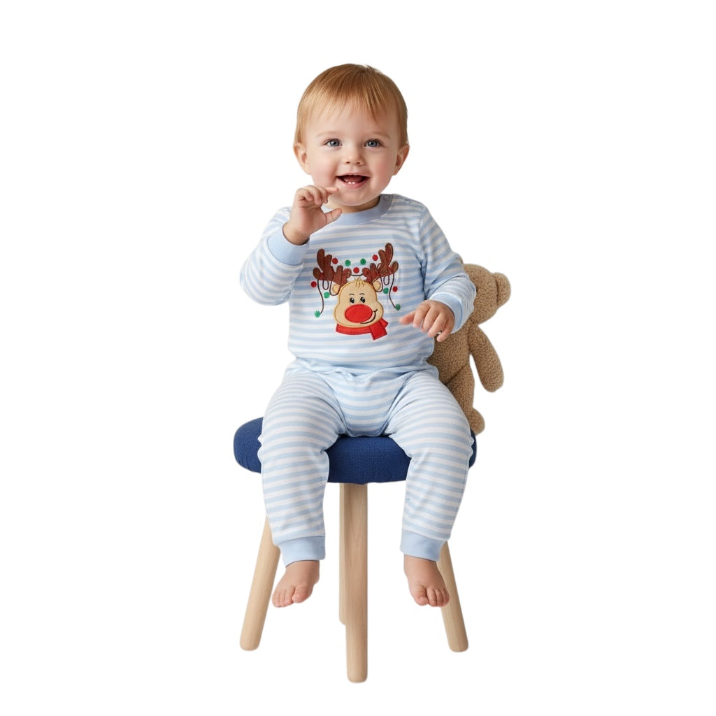 BLUE STRIPE REINDEER APPLIQUE ROMPER-Boys