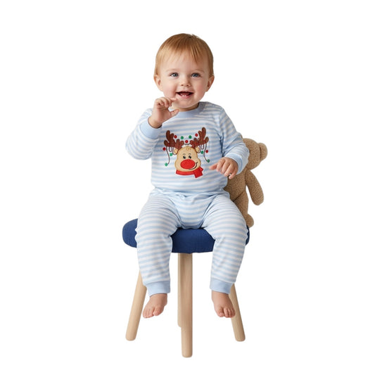 BLUE STRIPE REINDEER APPLIQUE ROMPER-Boys