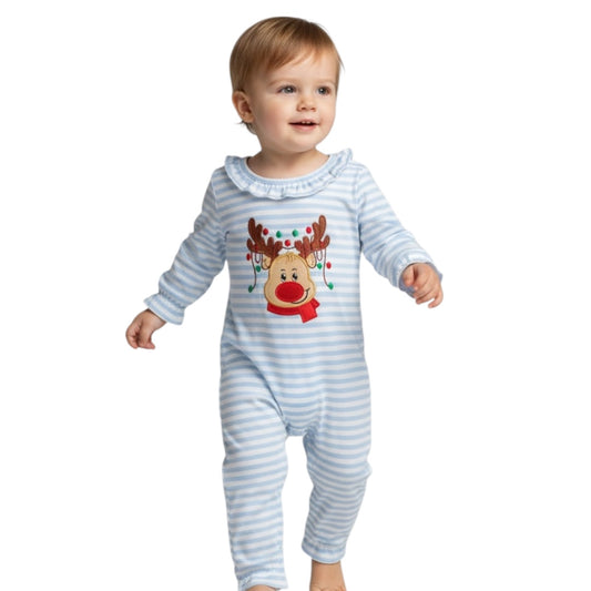 BLUE STRIPE REINDEER APPLIQUE RUFFLE ROMPER-Girls