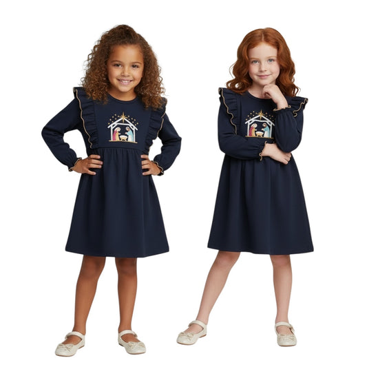 NAVY NATIVITY FRENCH KNOT RUFFLE DRESS