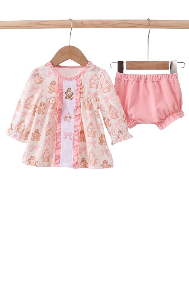 PINK GINGERBREAD EMBROIDERY RUFFLE BLOOMER SET
