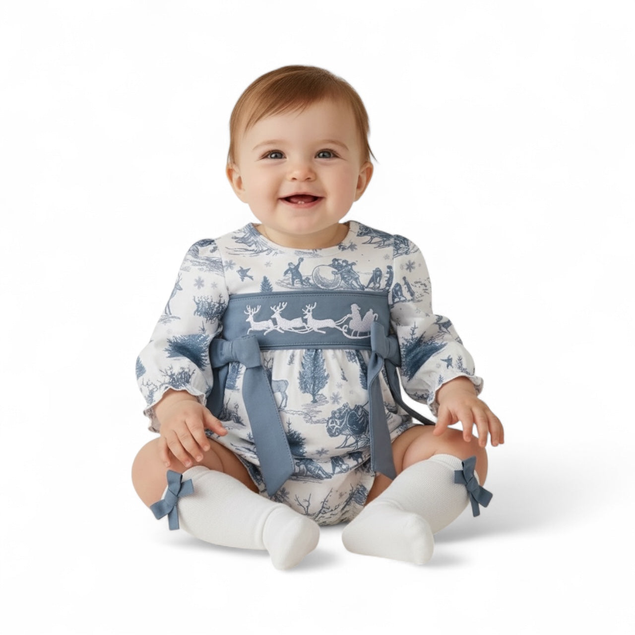 BLUE CHRISTMAS REINDEER EMBROIDERY RUFFLE BUBBLE