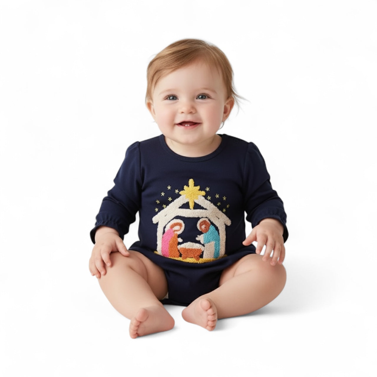 NAVY NATIVITY FRENCH KNOT RUFFLE BUBBLE
