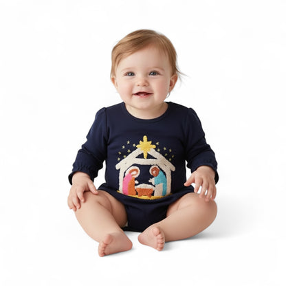 NAVY NATIVITY FRENCH KNOT RUFFLE BUBBLE