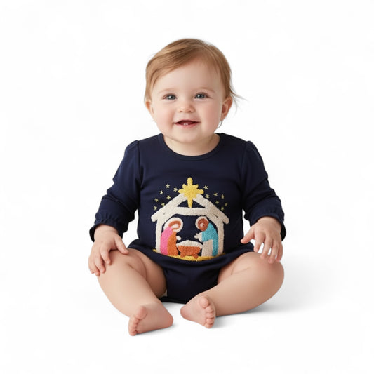 NAVY NATIVITY FRENCH KNOT RUFFLE BUBBLE